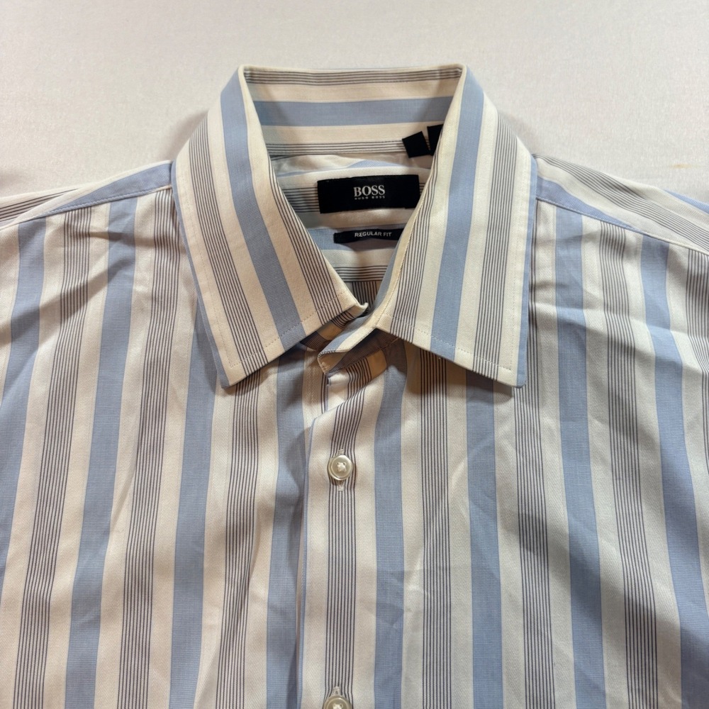 Hugo Boss Button Down Shirt Mens 16 34/35 Regular Fit Blue White Striped Cotton